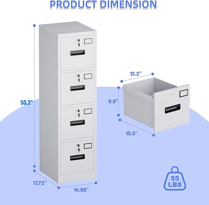 SUXXAN 4 Drawer File Cabinet, Metal Vertical File Storage Cabinet with Lock, Office Home Steel Vertical File Cabinet for A4 Letter/Legal Size, 14.96" W x 17.72" D x 55.2" H, Assembly Required