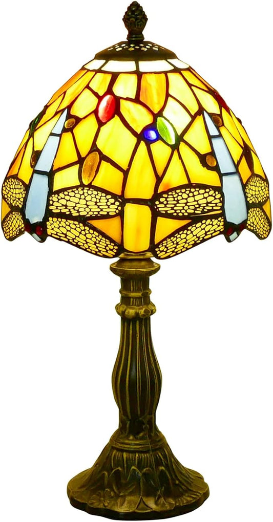 Tiffany Lamp Dragonfly Style Stained Glass Table Lamp Desk Reading Light, 8" Wide 15" Tall Bedside Table Lamp Decor for Small Space Bedroom Home Office