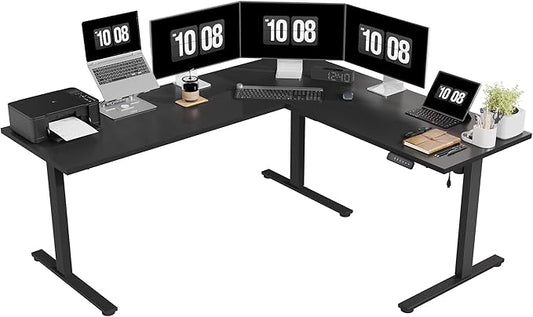 SANODESK Electric Corner L-Shaped 71 x 63 in Standing Desk, Memory Height Adjustment, Black Top Black Frame