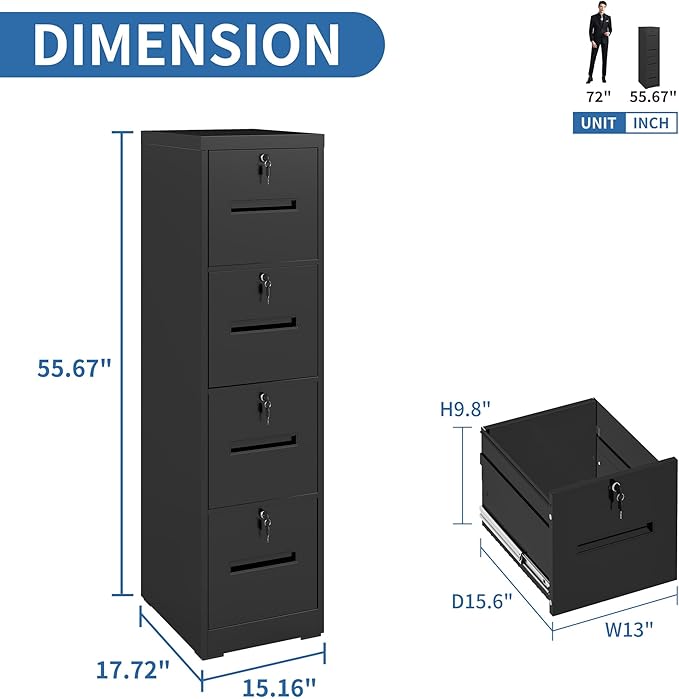 4 Drawer File Cabinet with 4 Individual Locks, Vertical Metal Filing Cabinet Home Office Narrow Locking File Cabinets for A4/Legal/Letter File Folders, Anti-Tilt Design, Need Assemble (Black)