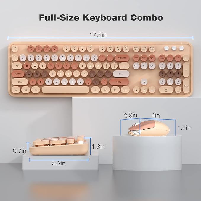 Wireless Keyboard and Mouse Combo - GEEZER Coffee Full-Sized Colorful Keyboard 104 Keys - USB 2.4 G Receiver Plug and Play with Round Keycap Typewriter Keyboards, for Windows, PC, Laptop, Desktop
