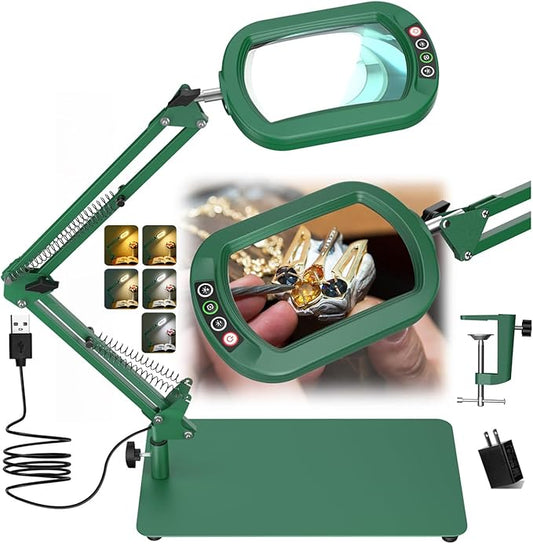 Veemagni 10X Rectangle Magnifying Glass with Light and Stand, 5 Color Modes Stepless Dimmable, 2-in-1 LED Lighted Desk Lamp & Clamp, Hands Free Magnifier for Reading Crafts Painting Close Work - Green