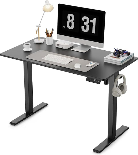 40x24 Inches Height Adjustable Electric Standing Desk with 2 Hooks for Home Office, Ergonomic Sit Stand up Desk with Splice Board, Black