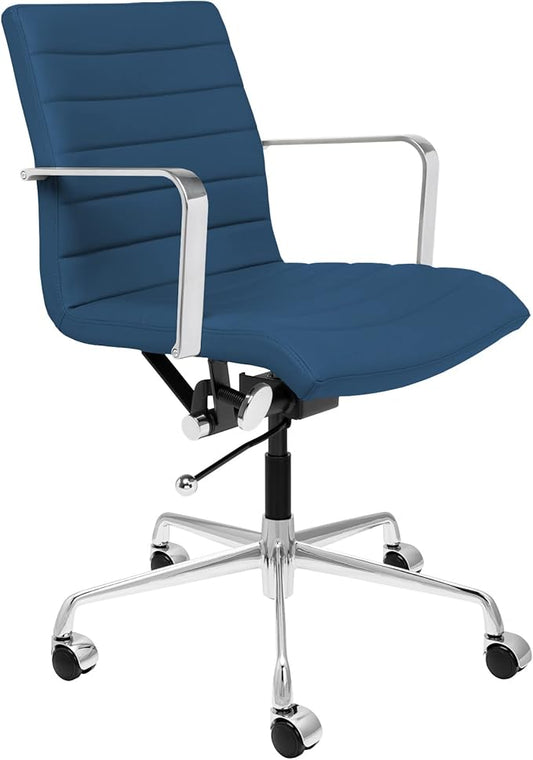 Laura Davidson Furniture SOHO II Ribbed Office Chair - Mid Back Desk Chair, Ergonomically Designed with Arm Rest & Swivel, Made of Faux Leather, Dark Blue, Computer Chair