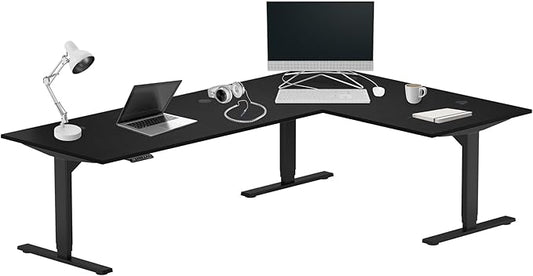 Progressive Desk Stand Up Height Adjustable Standing Desk - L Shaped 83" x 55" Corner Computer Rising Workstation Electric Table - Ebony Oak, Black Frame
