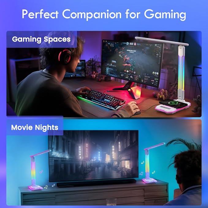 RGB Gaming Desk Lamp with Music Sync,Dimmable LED Lamp with Wireless Charging Station,USB Charging Port,Color Changing Touch Control Light for Gamer Room Decor,Reading,Office,Gift Ideas