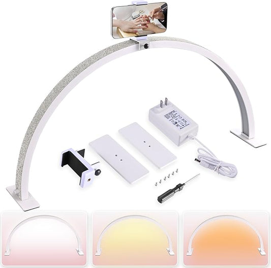 Half-Moon Nail Desk Lamp, Upgrade 30 Inches Lash Light for Eyelash Extensions, 3400 Lumen Led Light for Nails,Tattoo Artists, Adjustable Brightness Warm, Soft, Cool