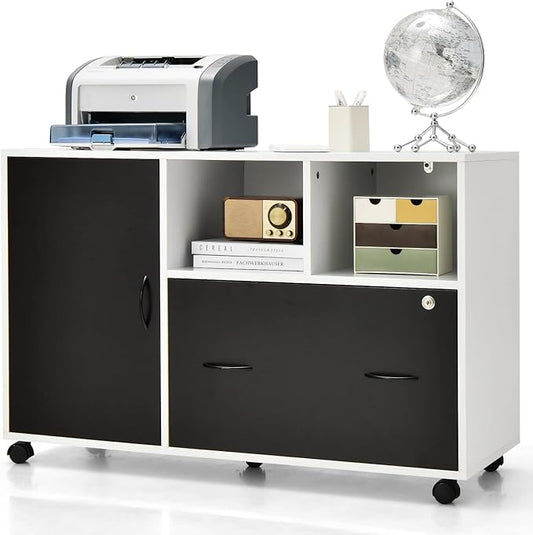 Giantex Mobile File Cabinet on Wheels - Lateral Filing Cabinet w/Drawer, Open Shelves, Single Door, Lockable Wheels, 40” Printer Stand for Letter/Legal/A4 Size Files, Home Office Storage Cabinet