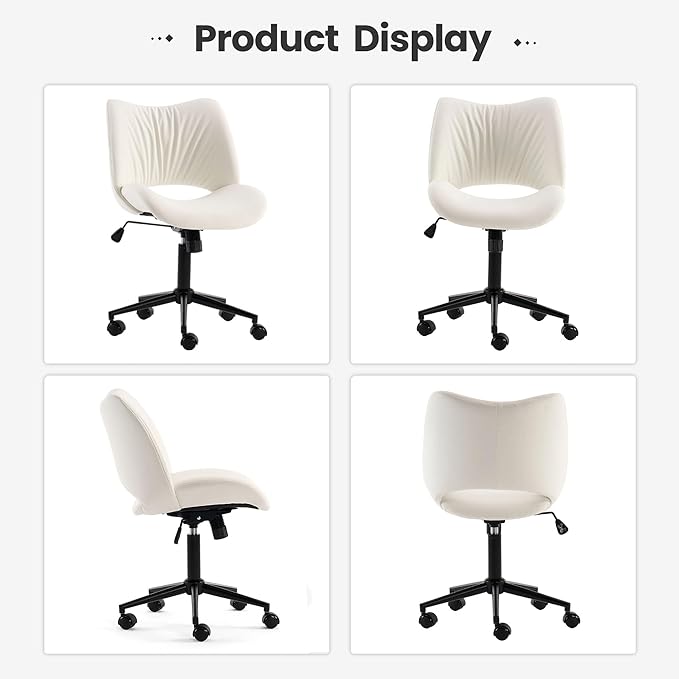 Rowill Armless Office Desk Chair, Ergonomic PU Leather Modern Task Chair with Back Adjustable Height, 360° Swivel Vanity Chairs with Wheels for Small Space, Home Office, Bedroom, White
