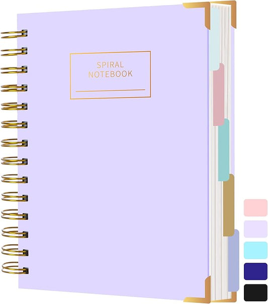 Hardcover Spiral Notebook with Tabs 6.1"x8.3" Small Spiral Lined Journals for Women Men with Dividers 200 Pages College Ruled Composition Notebook 5 Subject Notebook for Work School Gifts, Purple