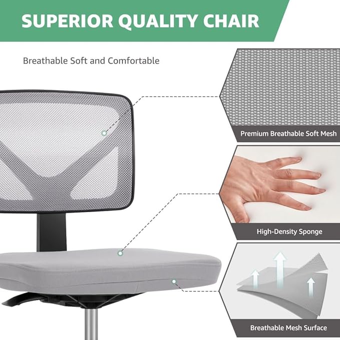 Armless Mesh Office Chair, Ergonomic Low Back Deskchair, Adjustable Rolling Task Computer Swivelchairs for Small Spaces Home Bedroom Study, Gray