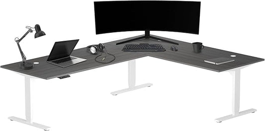 Progressive Desk Stand Up Height Adjustable Standing Desk - L Shaped 85" x 72" Corner Computer Rising Workstation Electric Table - White Frame, Gray Oak Top
