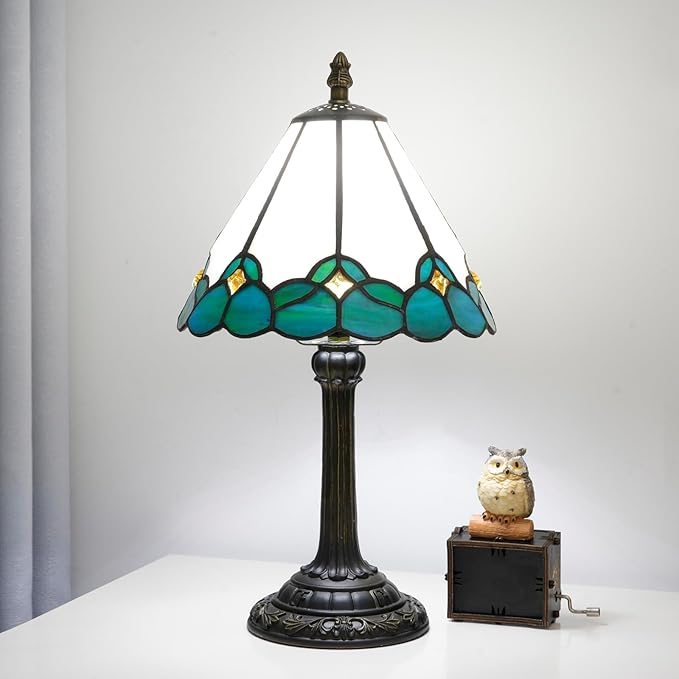 White Tiffany Lamp Small Bedside Dector Light Vintage Stained Glass Table Lamp Living Room Night Lamp Farmhouse Cute Blue Green Butterfly Wings Style Bedroom Nightstand Desk Lamps 8 Inch Mini Gift