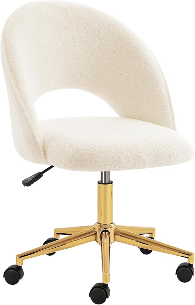 Furnimart Swivel Rolling Desk Chair, Adjustable Faux Fur Vanity Chair with Gold Legs, Cute Task Chair with Wheels for Living Room Bedroom Studying Small Places (Faux Fur White)
