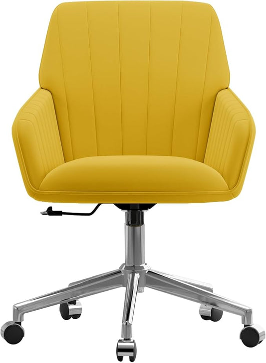 YISHENG Velvet Office Desk Chair with Silver Base, with Wheels,Modern Height Adjustable 360 Degree Swivel Upholstered Vanity Chairs with Arms for Living Room Bedroom,Yellow