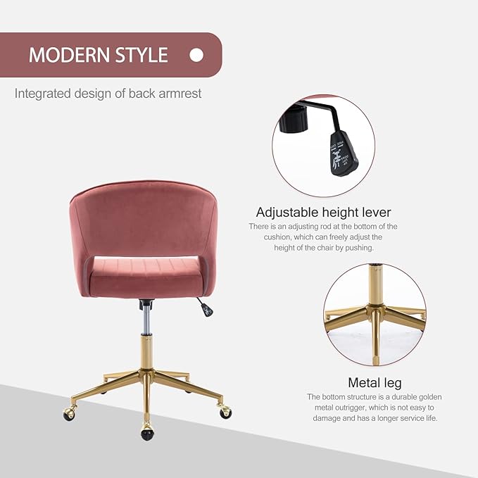 Nrizc Velvet Home Office & Living Room Desk Chairs with Adjustable Swivel Wheels, Ergonomic Upholstered Office Chair for Bedroom, Vanity Study (Rose)