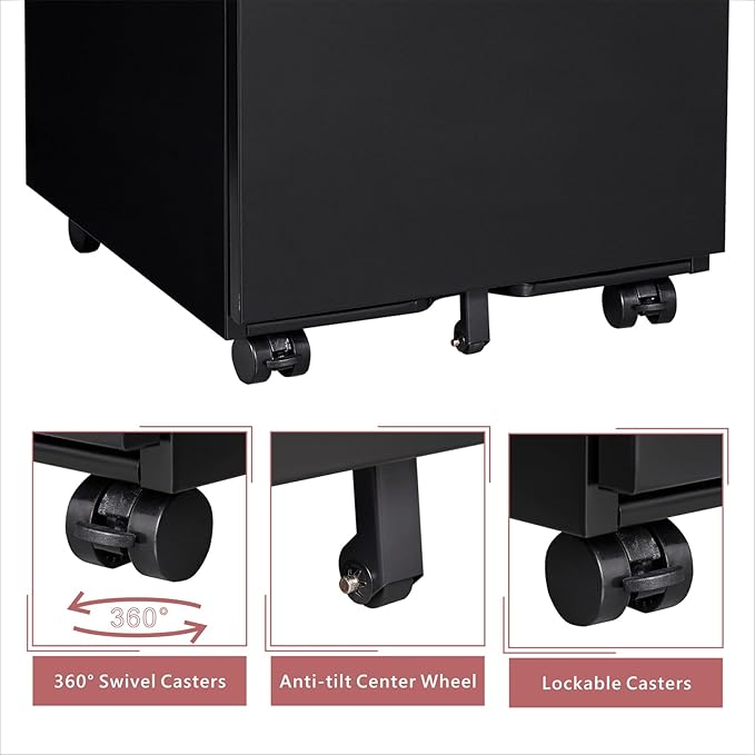 LUCYPAL 3 Drawer File Cabinet,Metal Filing Cabinet with Lock for Home Office,Under Desk Mobile File Cabinets for Letter/Legal/A4 Size,Black,Assemble Required