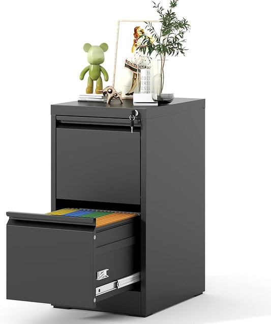 File Cabinet, Vertical File Cabinets with Lock for Home Office,Heavy Duty Office Steel Filing Cabinet for Hanging Letters/Legal/A4, Assembly Required (Black, 2 Drawers)