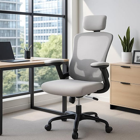 Office Chair – Ergonomic Desk Chair, Adjustable Lumbar Support and Headrest, Flip-Up Armrests, Mesh Computer Desk Chair, Swivel Rolling Executive Gaming Chair for Home & Office (Gray)