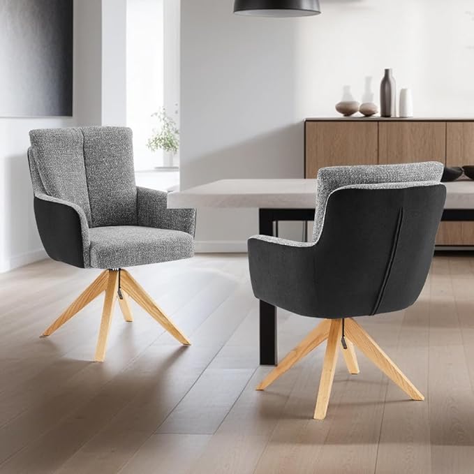 Art Leon Desk Chair Without Wheels - Set of 2 Mid Century Modern Swivel Accent Chair, Fabric Upholstered Armchair with Oak Wood Legs for Living Room Home Office, Gray Black