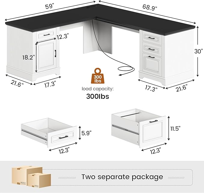 SEDETA Farmhouse 69" Executive L Shaped Desk, Home Office Desk with Drawers and Storage Cabinet & Power Outlet, Corner Computer Desk, White