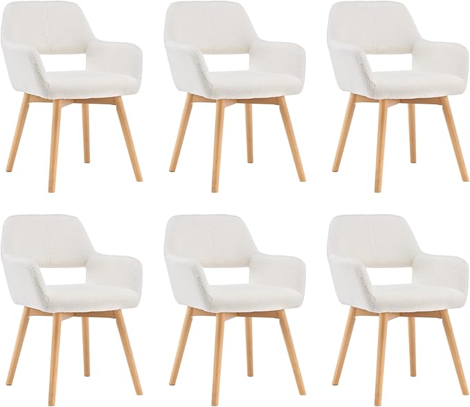 Mid Century Modern Dining Chairs Set of 6 & 4 & 2 Comfy Accent Chair Upholstered Kitchen Dining Living Room Chairs for Bedrooms Waiting Room Home Arm Desk Chair No Wheels (Wool White, 6)