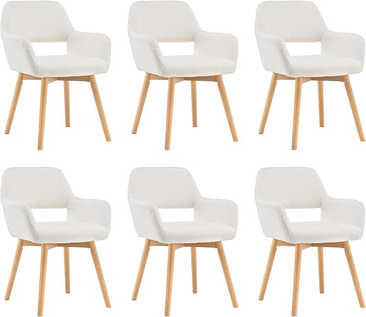 Mid Century Modern Dining Chairs Set of 6 & 4 & 2 Comfy Accent Chair Upholstered Kitchen Dining Living Room Chairs for Bedrooms Waiting Room Home Arm Desk Chair No Wheels (Wool White, 6)