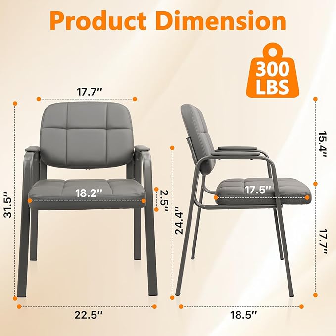 CLATINA Waiting Room Chairs No Wheels Set of 2, Stationary Leather Office Reception Guest Chair with Padded Arms for Elderly Desk Conference Room Lobby Table Side Salon, Grey