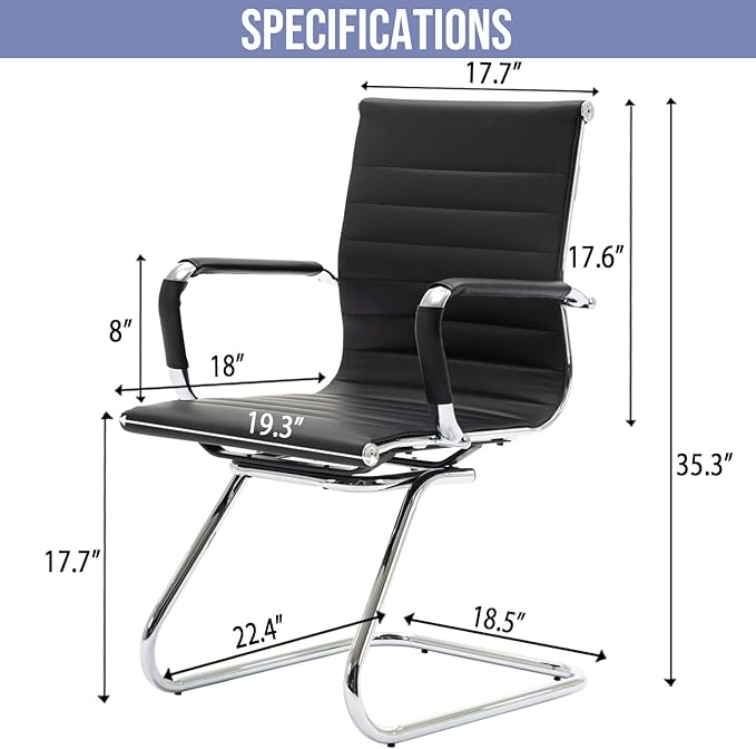 Wahson Office Guest Chairs Set of 8, Leather Reception Chairs, Mid Back Waiting Room Chair, Conference Chairs with Sled Base, Desk Chair No Wheels for Meeting/Lobby/Restroom, Black