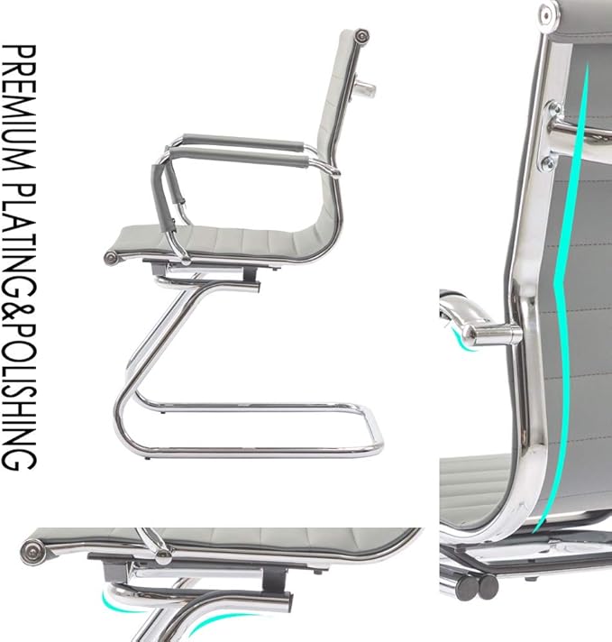 Wahson Office Guest Chairs Set of 8, Leather Reception Chairs, Mid Back Waiting Room Chair, Conference Chairs with Sled Base, Desk Chair No Wheels for Meeting/Lobby/Restroom, Grey