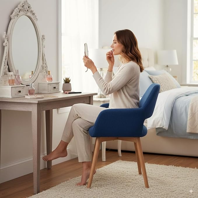 Desk Chair No Wheels Vanity Chair Comfy Accent Chair for Living Dining Room Bedroom Home Office Mid Century Modern Upholstered Armchair Sofa Chair (Blue, 1)