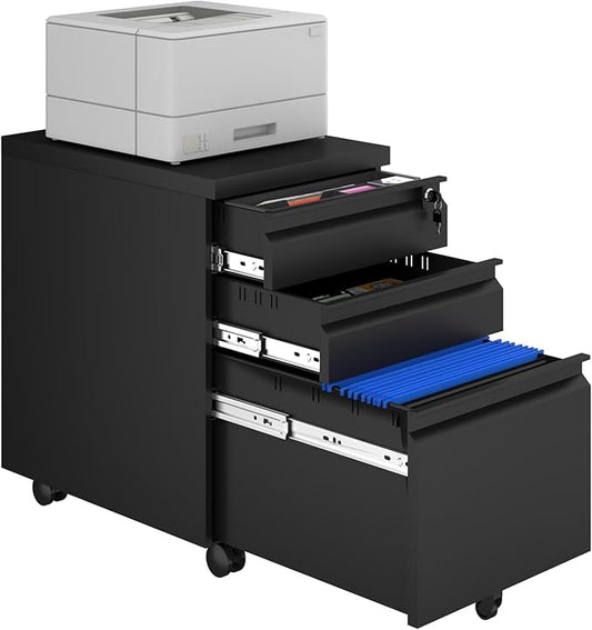 3 Drawer Black File Cabinet with Lock,25.6" H Small Filing Cabinet for Under Desk,Metal Mobile File Cabinet for Home Office Organizer Letters/Legal/A4(Assembly Required)