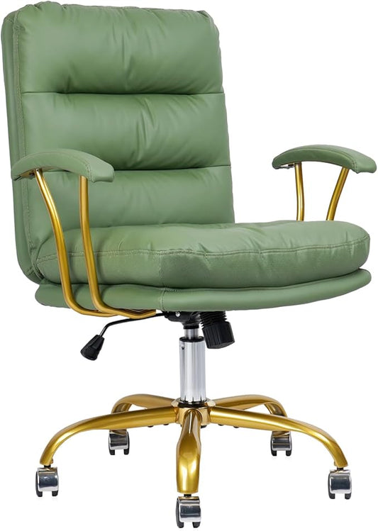 Leather Home Office Desk Chair, Mid-Back Vanity Chair Make Up Chair with Gold Wheels & Removable Armrests, Rolling Swivel Computer Task Chair for Office Bedroom Living Room Girls Women, Green