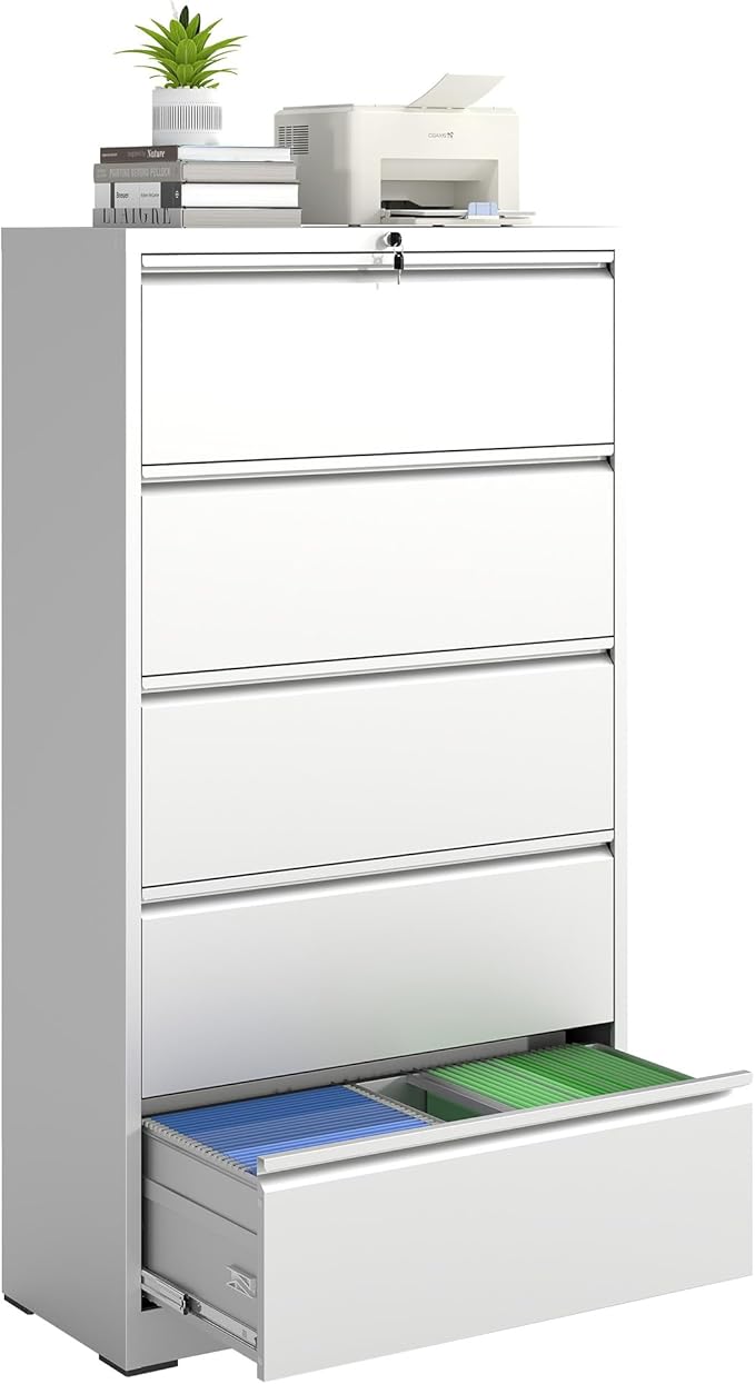 5 Drawer File Cabinet with Lock, Lateral Filing Cabinets,Metal Storage Filing Cabinets for Home Office, Heavy Duty File Cabinet for Letter/Legal/A4/F4 Size Amssebly Required, White