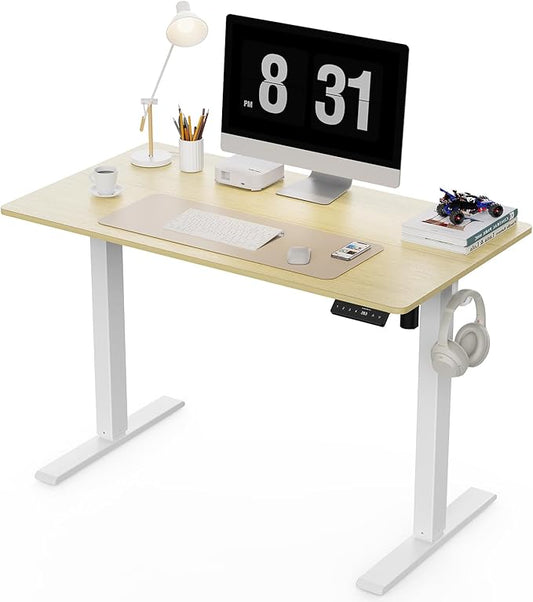 40x24 Inches Height Adjustable Electric Standing Desk with 2 Hooks for Home Office, Ergonomic Sit Stand up Desk with Splice Board, Oak