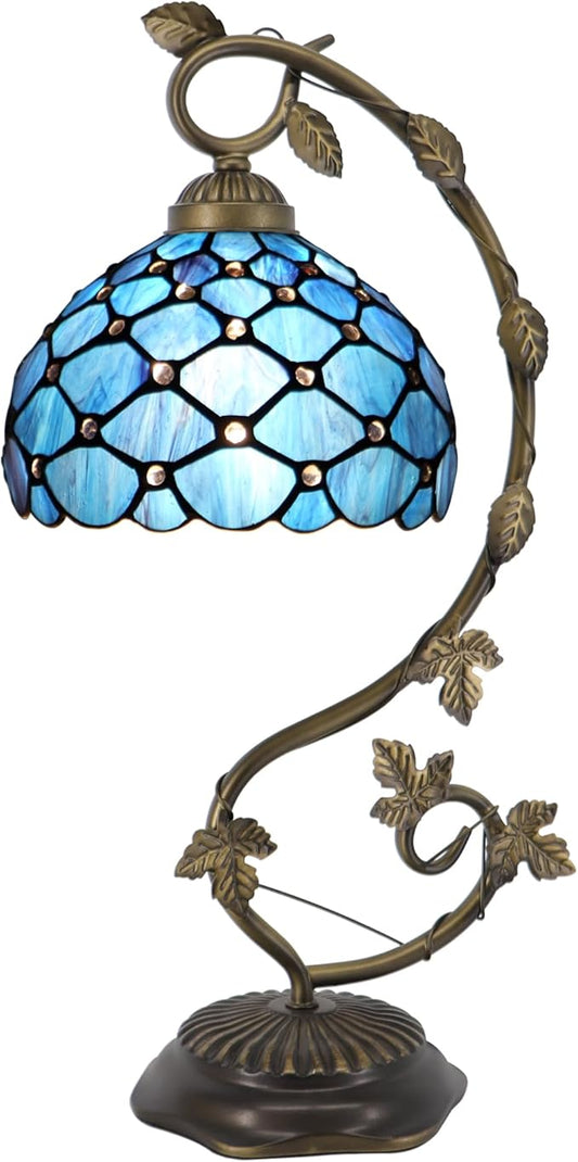 Tiffany Table Lamp, Stained Glass Desk Reading Light,Metal Leaf Table Lamp Base 8X10X21 Inches (Blue Beads)