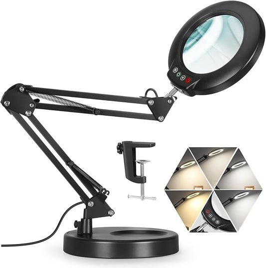 Veemagni 10X Magnifying Glass with Light, 5 Color Modes Stepless Dimmable 2-in-1 Desk Lamp and Clamp, LED Lighted Magnifier with Light and Stand, Hands Free for Craft Repair Hobby Painting Close Work