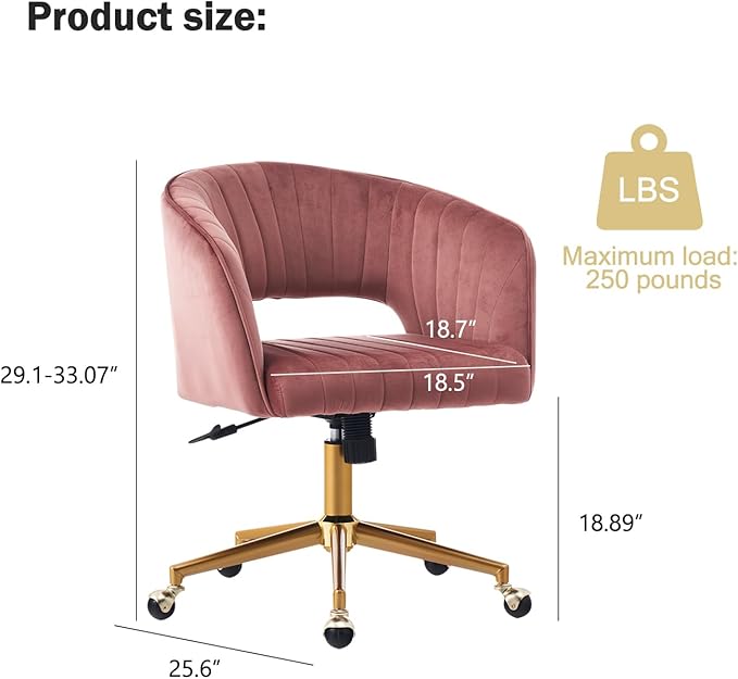 Nrizc Velvet Home Office & Living Room Desk Chairs with Adjustable Swivel Wheels, Ergonomic Upholstered Office Chair for Bedroom, Vanity Study (Rose)