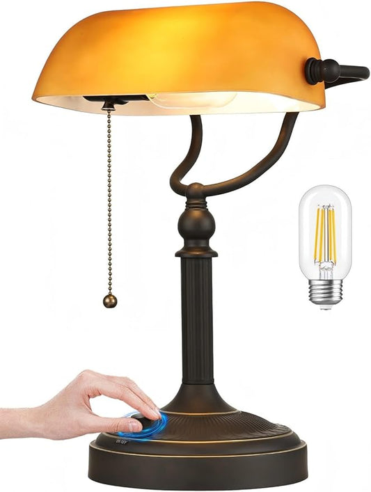 Newrays Matted Amber Glass Bankers Desk Lamp, Stepless Dimmable Table Lamp Plug in Fixture for Study, Home Office,Library, LED Bulb Included
