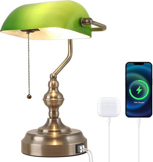 Green Glass Banker's Desk Lamp, Antique Banker Desk Lamps, Traditional Library Lamp with USB Charging Port, Vintage Desk Lamp Green Shade for Office Study Room, Pull Chain Switch