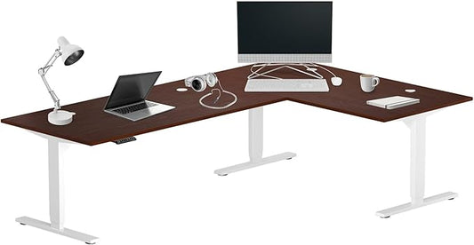 Progressive Desk Stand Up Height Adjustable Standing Desk - L Shaped 83" x 55" Corner Computer Rising Workstation Electric Table - White Frame, Dark Cherry Top