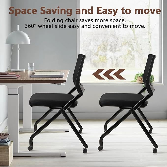 CLATINA Stackable & Foldable Waiting Room Chairs, Conference Room Chairs with Wheels & Lumbar Support, Ergonomic Mesh Bouncing Back Folding Chair for Office Meeting Schools Training, Black, 2PK