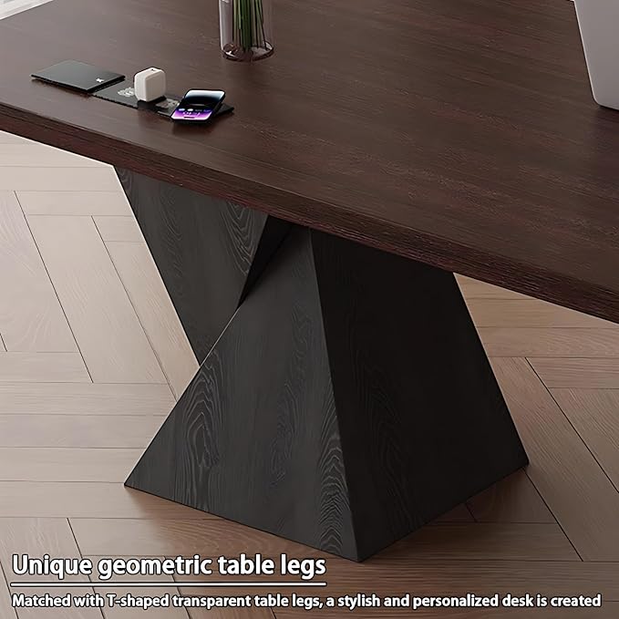 Modern Home Office Desk - Novel Design Office Table with Multifunctional Socket, Solid Wood Executive Desk with Spacious Desktop ＆ Personalized Table Legs (Black, 56IN)