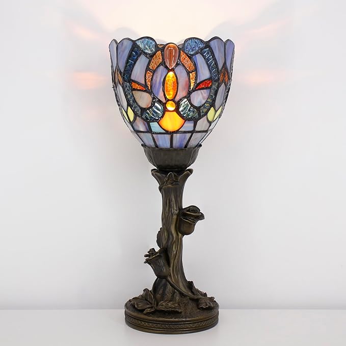 Small Tiffany Lamp Mini Stained Glass Table Lamp Blue Liaison Accent Desk Uplight W6 H13.5 Inch Bronze Resin Base