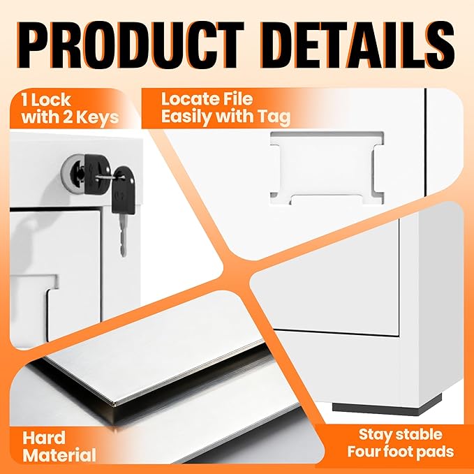 3-Drawer Locking Vertical File Cabinet, Metal Storage Cabinet for Office/Home – Secure Vertical Filing for Letter/Legal/A4/F4 Documents, Easy to Assemble Steel Cabinet, White