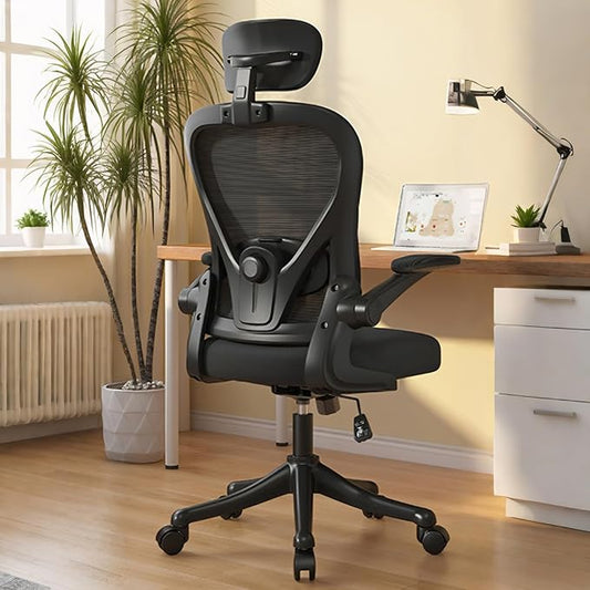 Comeon Office Chair, Branch Ergonomic Chair with Flip-up Armrests and Lumbar Support, Black Mesh Desk Chairs with 3D Armrests and Headrest Computer Chairs Comfy in Office Home (Black)