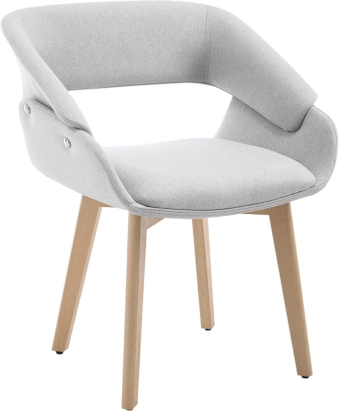 Home Office Desk Chair No Wheels, Upholstered Linen Fabric Modern Accent Side Armchair with Wood Legs Hollow-Out Back, for Vanity Living Dining Room Bedroom, 1PC & Grey