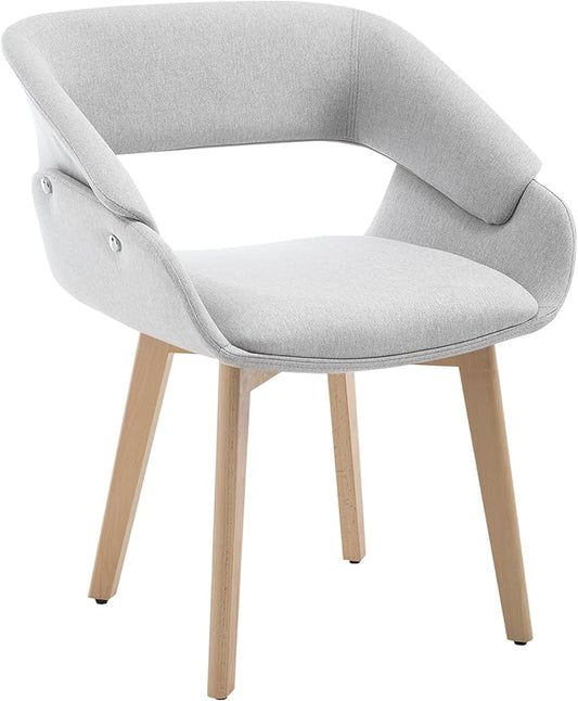 Home Office Desk Chair No Wheels, Upholstered Linen Fabric Modern Accent Side Armchair with Wood Legs Hollow-Out Back, for Vanity Living Dining Room Bedroom, 1PC & Grey