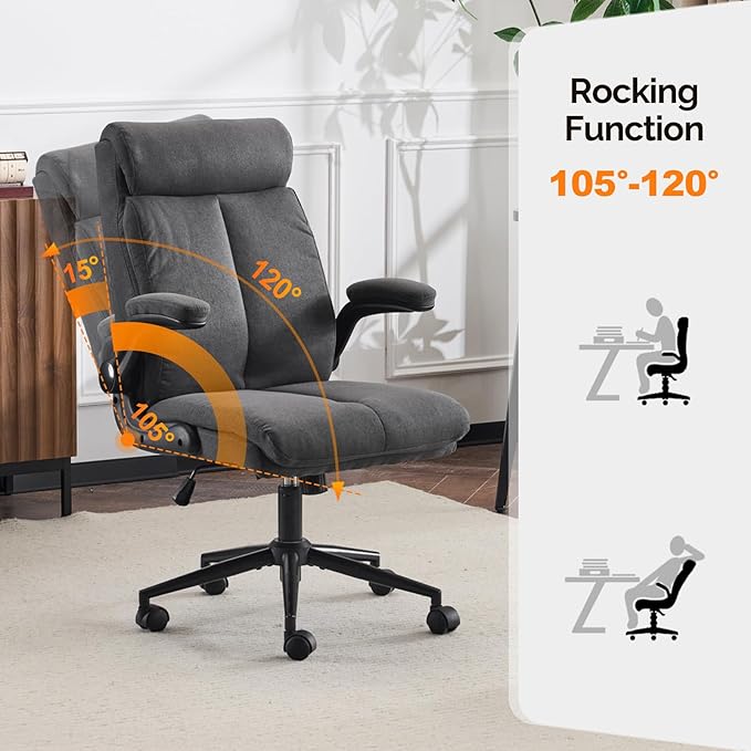VINGLI Rolling Ergonomic Office Desk Chair with Padded Flip-up Arms, 360° Swivel High Back Executive Computer Task Chair with Wheels for Game，Home Small Space, Study Room, Reading Room, Linen Black
