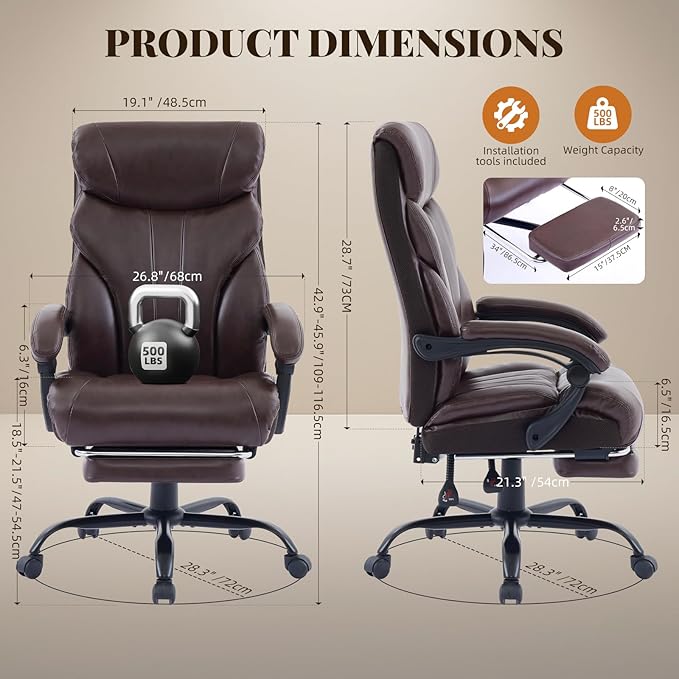 Leather Home Office Chair with Foot Rest,500lbs Big and Tall Ergonomic Desk Chair,360°Swivel Free,90°-155°Recline,43"- 47" Height Adjustable,Silent 360° Casters for Home Office Computer Desk